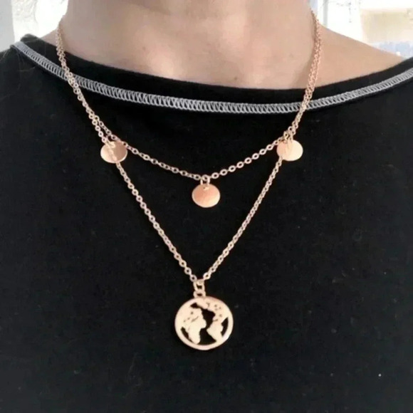 Double Layer World Globe Pendant Gold Fashion Statement Long Necklace N… - Picture 1 of 3